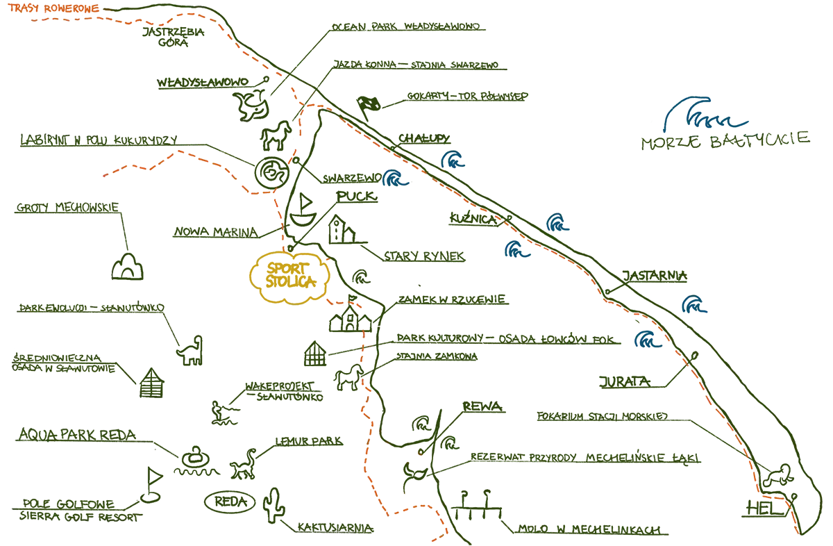 mapa atrakcji wypoczynkowych w okolicy inwestycji sport stolica w Pucku. Niedaleko Hel, Chałupy, Rewa, Władysławowo