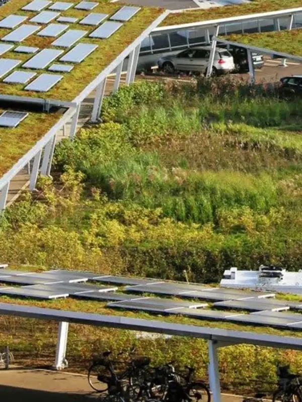 ekologiczne panele fotowoltaiczne oraz zielone zagospodarowanie terenem i parking