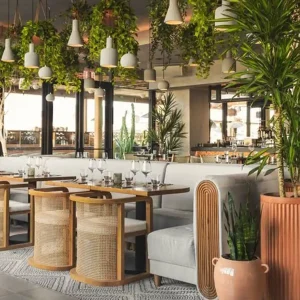 lokal restauracyjny w stylu boho z dużą ilością zieleni, wilkinowymi koszami oraz kieliszkami do wina