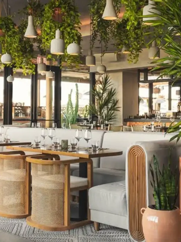 lokal restauracyjny w stylu boho z dużą ilością zieleni, wilkinowymi koszami oraz kieliszkami do wina