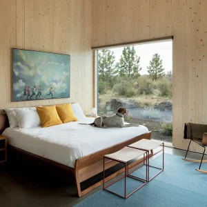 Sypialnia w domku do wynajęcia z łożkiem małżeńskim, na którym leży pies. Za dużym oknem rozpościera się widok na okoliczną naturę