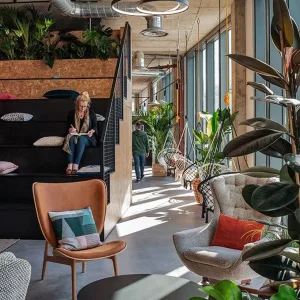 Pomieszczenie do co workingu z przyjemnymi fotelami, zielenią oraz dużą ilością światła